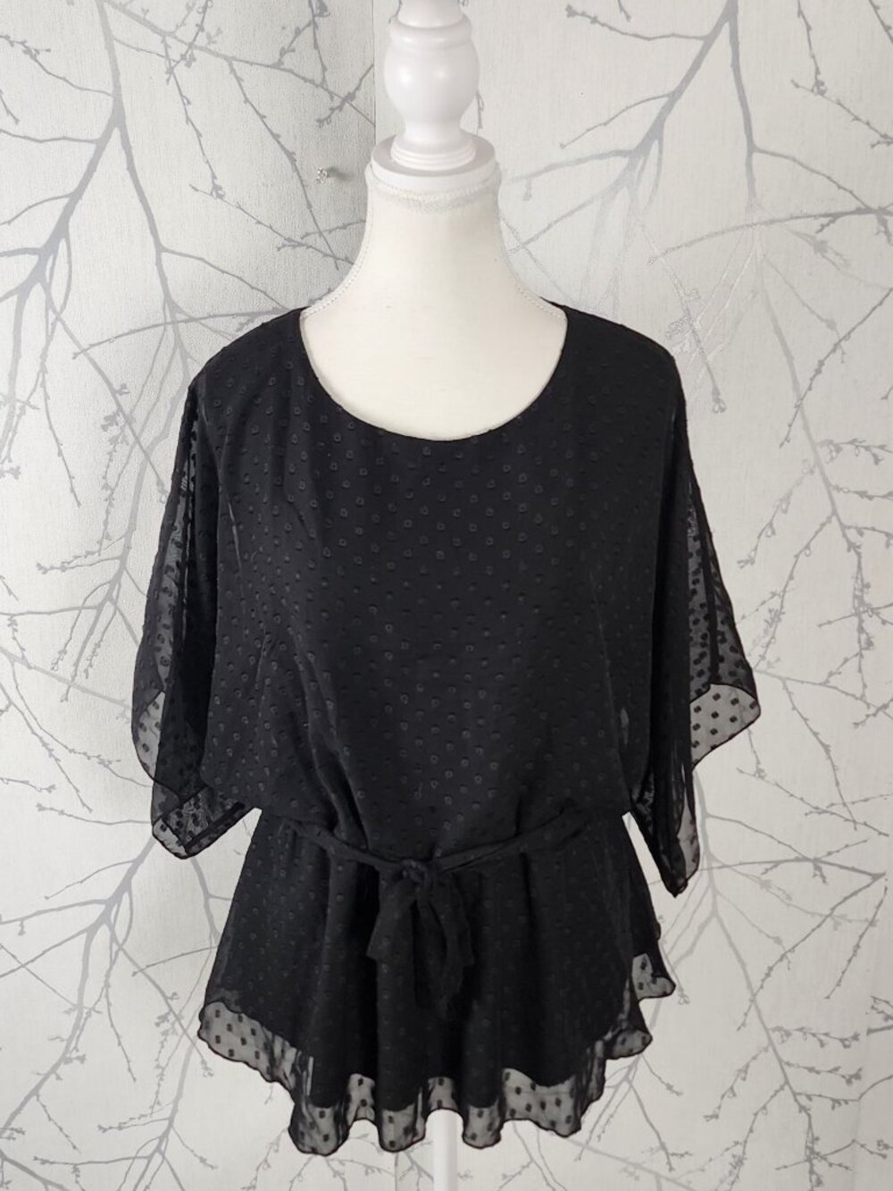 Eclipse Black Textured Polkadot Chiffon Overlay Belted Top